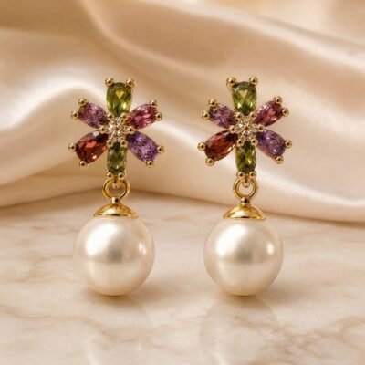 Aretes florales y perlas